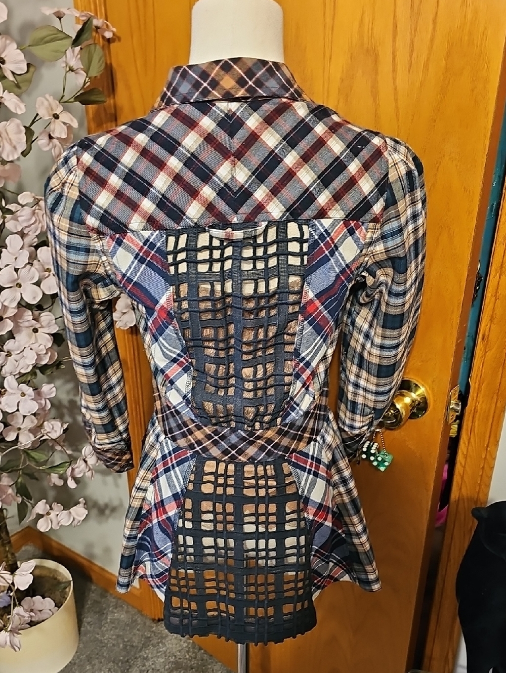 Byron Lars Plaid Sheer Panel Peplum Top - Picture 5 of 9